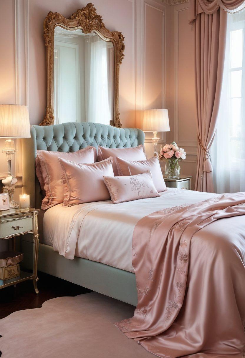 A luxurious bedroom scene featuring soft, elegant lingerie displayed on a silk bedspread, surrounded by delicate flowers and scented candles. Subtle lighting casts a warm glow, enhancing the feeling of comfort and elegance, with an ornate mirror reflecting a hint of sophistication. The overall composition evokes a sense of intimacy and high fashion. soft focus. pastel colors. elegant illustration.