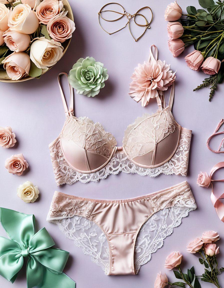 A stylish flat lay featuring an array of elegant women's lingerie in soft pastel colors, complemented by delicate accessories like lace, ribbons, and floral elements. The focus should be on enhancing the shapes and textures that contribute to a flawless silhouette, with a dreamy, sophisticated backdrop. Engage the viewer with a touch of luxury and femininity. elegant, high-fashion, soft tones, gentle lighting.